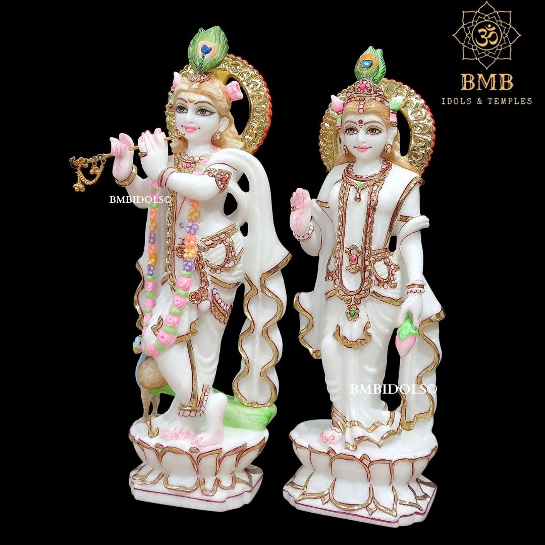 Marble Radha Krishna Murti Standing on Lotus Flower made in 15inches