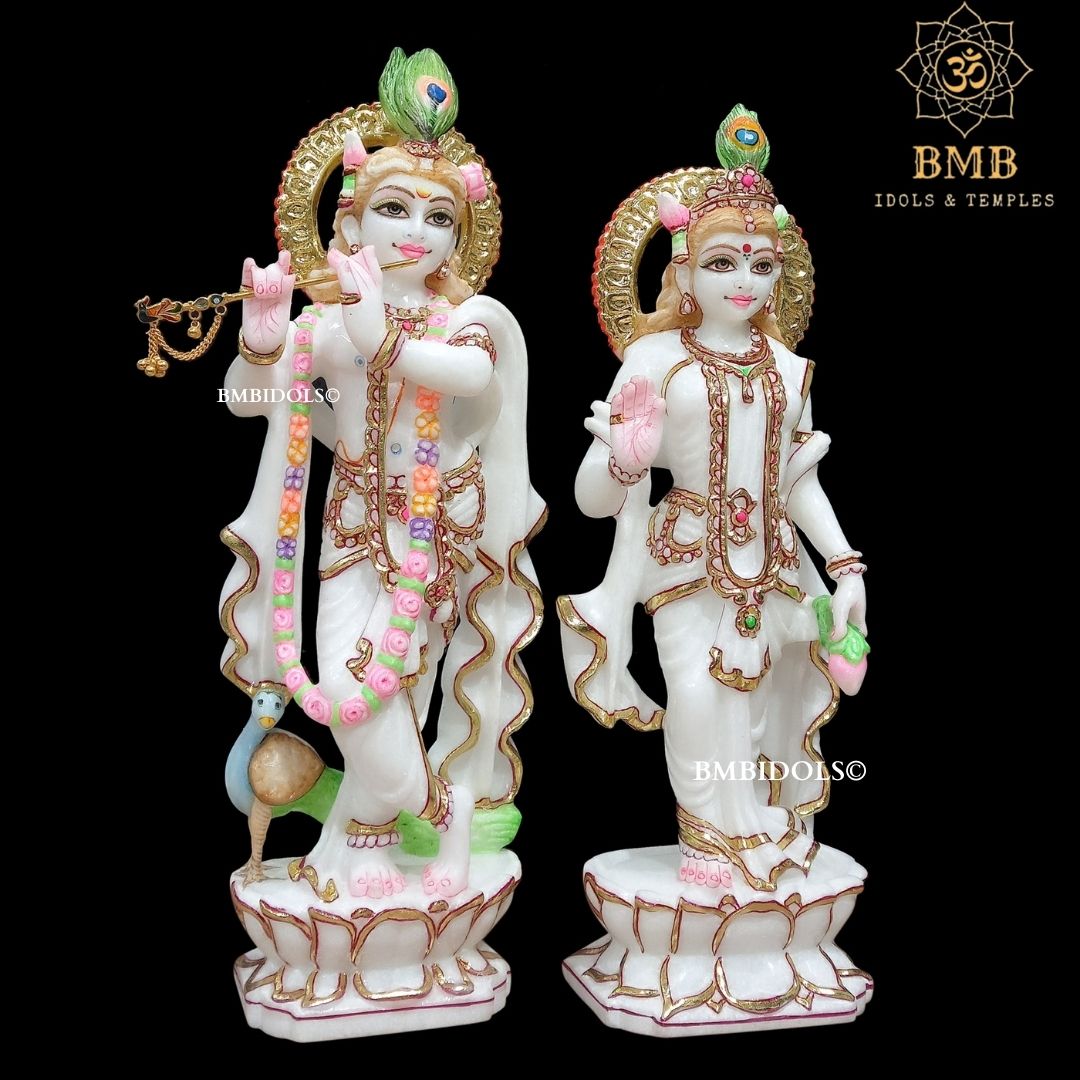 Marble Radha Krishna Murti Standing on Lotus Flower made in 15inches