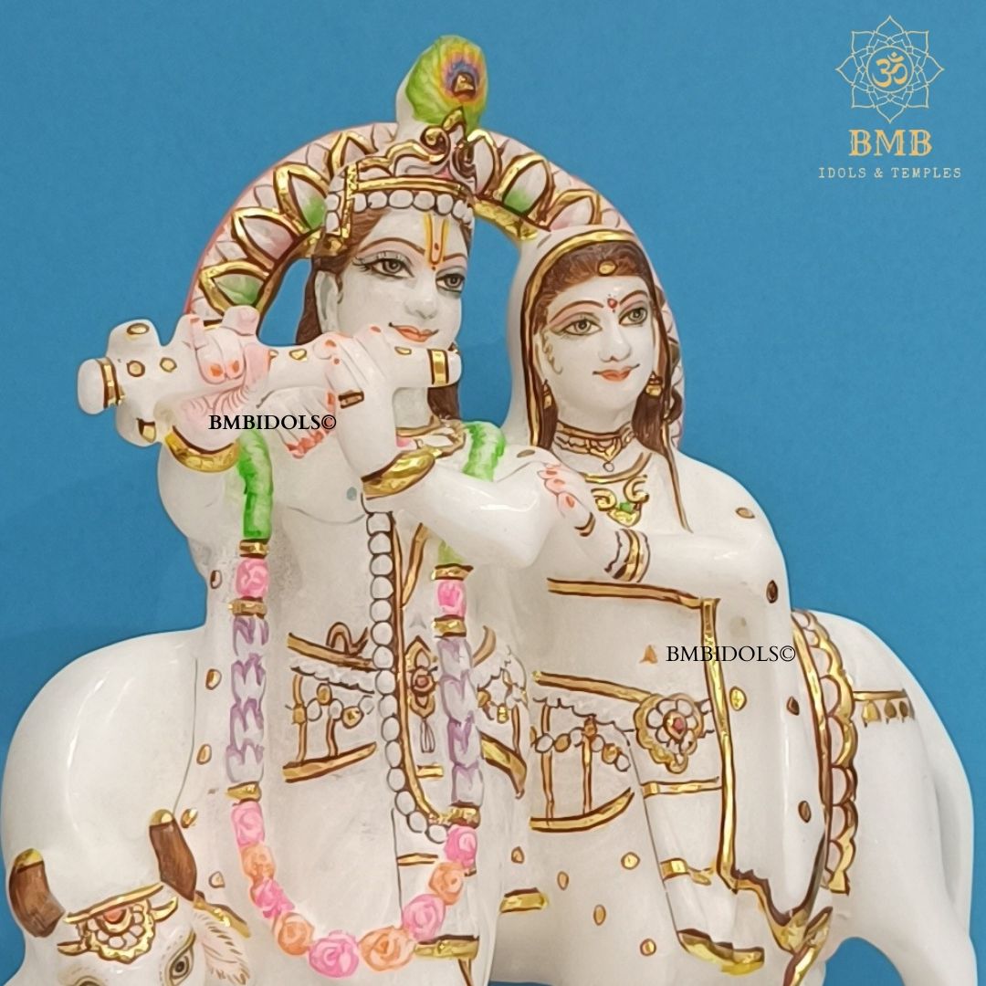 Marble Radha Krishna Statue with Cow made in Makrana Marble in 9inches