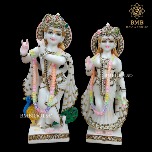 Double Feather Marble Radha Krishna Statue with Peacock in Standing Posture