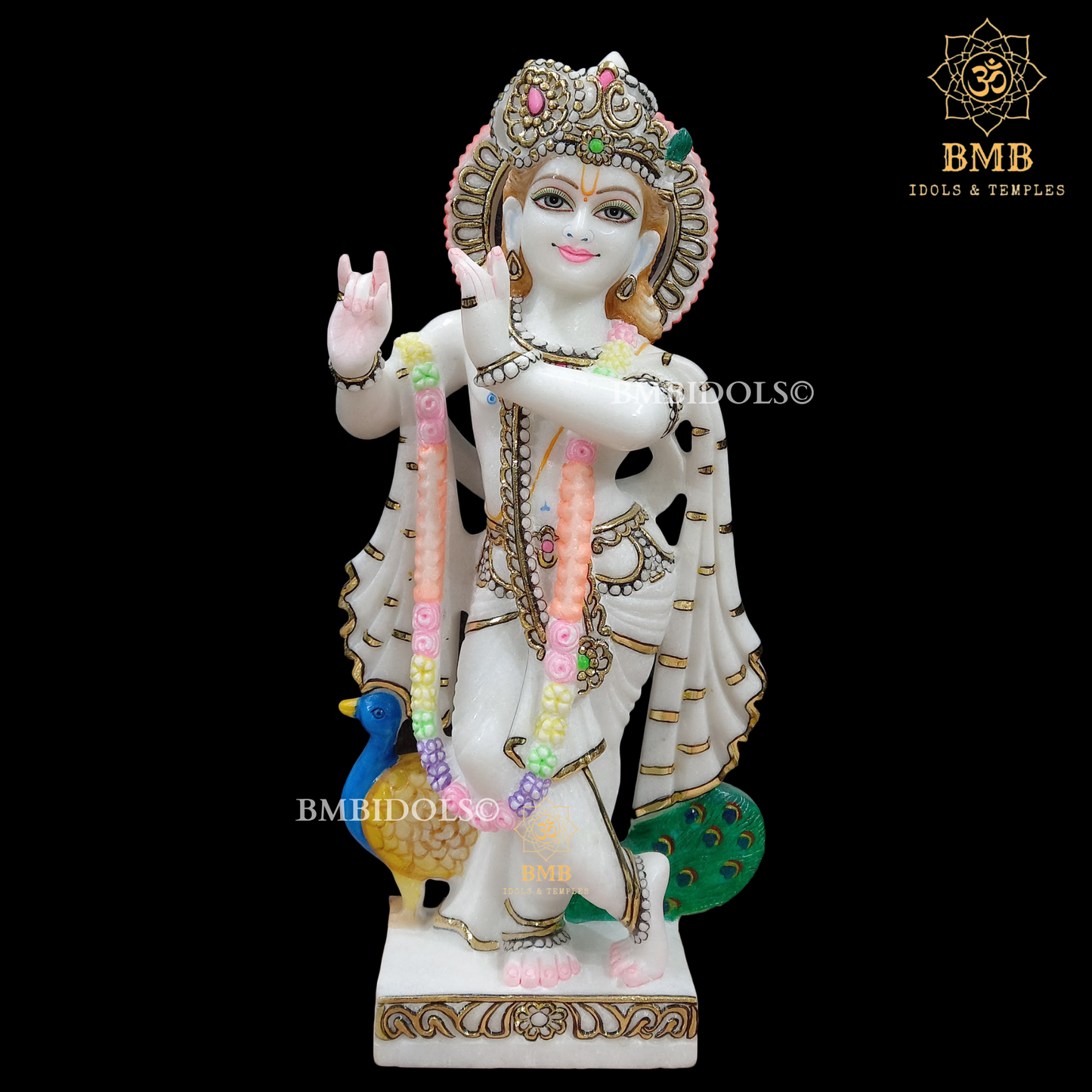 Double Feather Marble Radha Krishna Statue with Peacock in Standing Posture