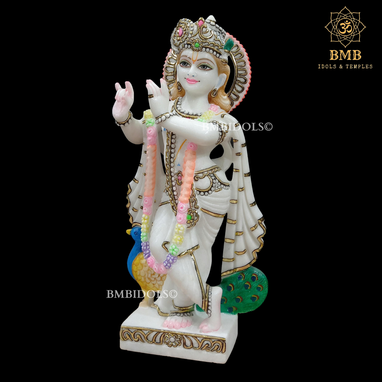 Double Feather Marble Radha Krishna Statue with Peacock in Standing Posture