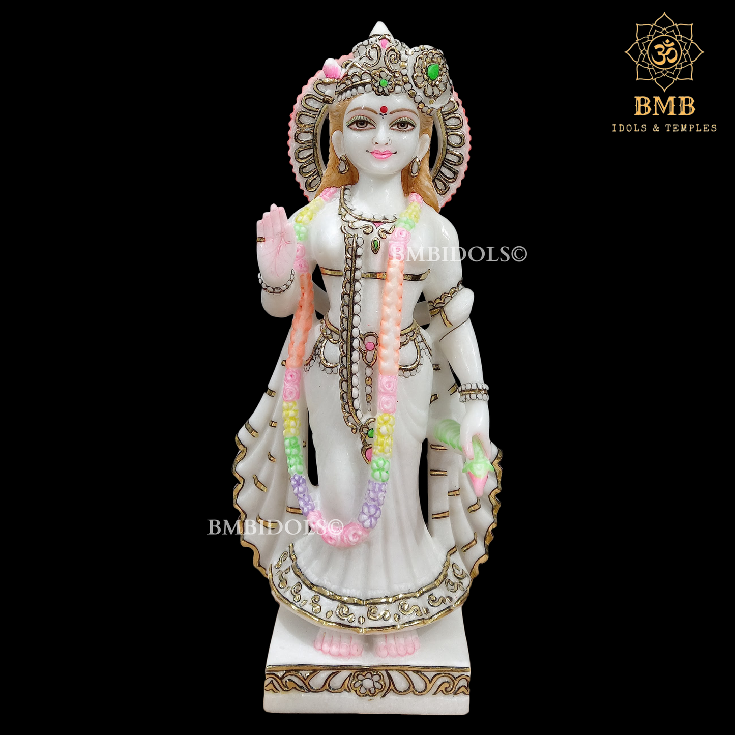 Double Feather Marble Radha Krishna Statue with Peacock in Standing Posture