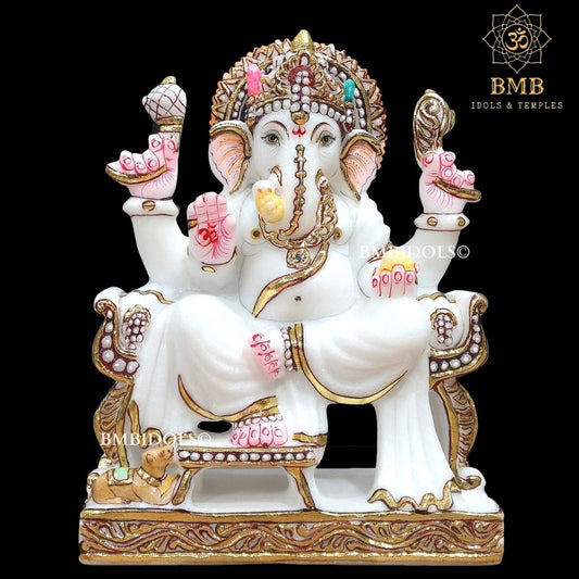 Marble Ganpati Statue sitting on the chowki for Home Temples 9inches