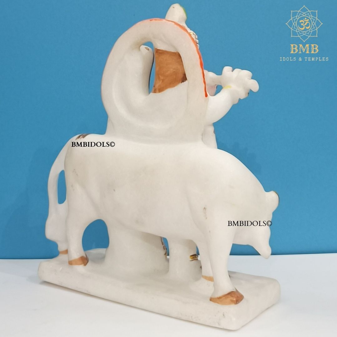 Marble Radha Krishna Statue with Cow made in Makrana Marble in 9inches