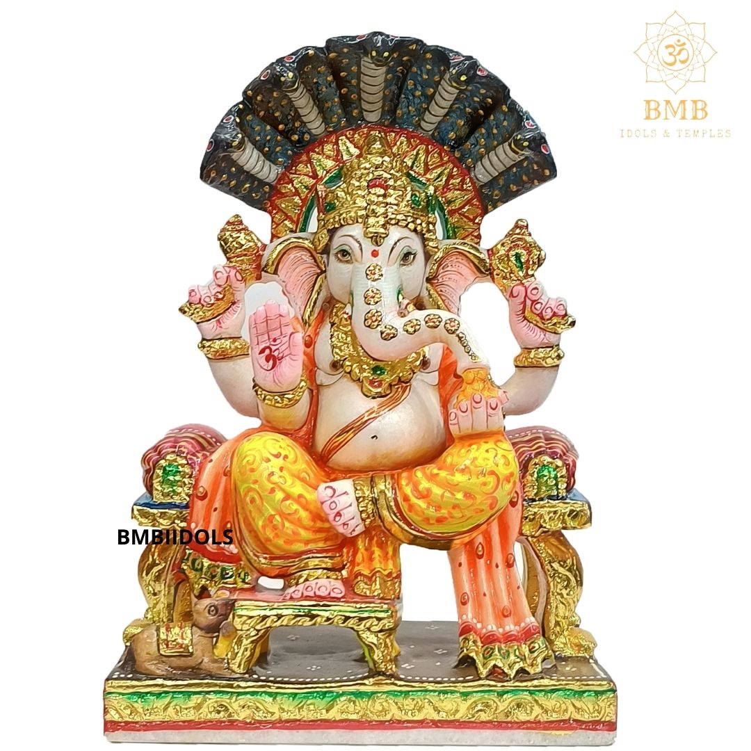 Painted Marble Ganesh Statue for Home and Temples in 12inches