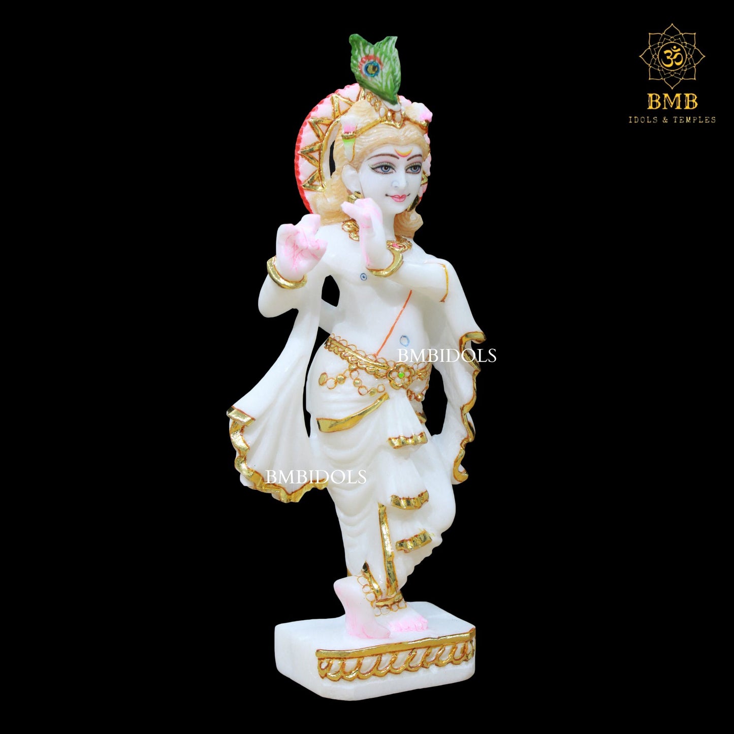 White Marble Krishna Idol in Makrana Marble in 12inches for Homes and Temples