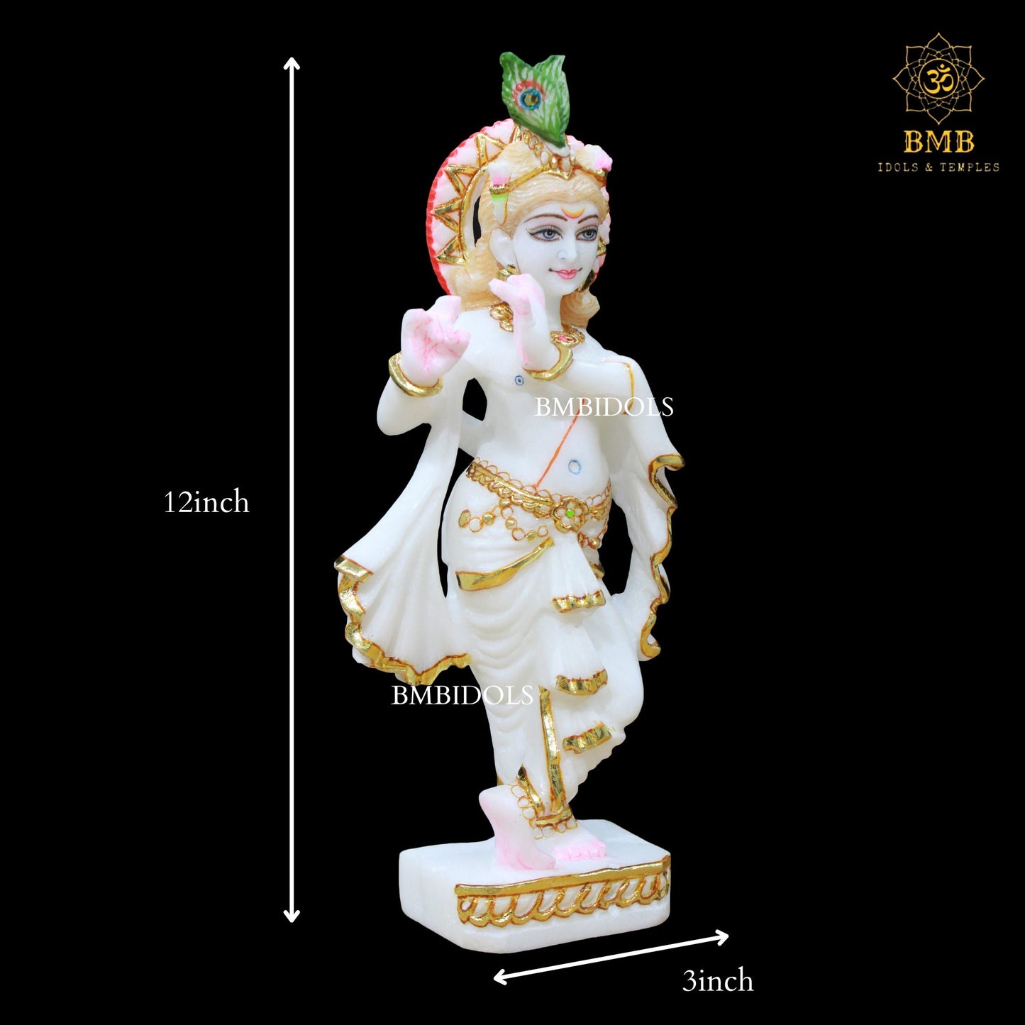 White Marble Krishna Idol in Makrana Marble in 12inches for Homes and Temples