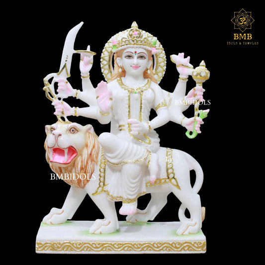 Durga Marble Idol with Eight Hands sitting on Durga in 18inches
