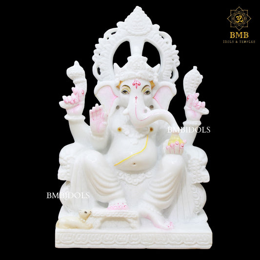 White Double Kiran Marble Ganesh Statue in 15inch with Four Hands