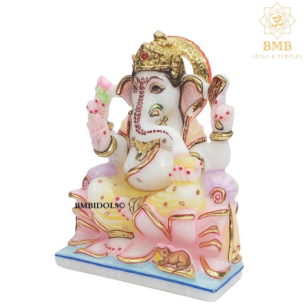 Marble Ganesha Statue sitting on the Lotus in Small size of 6"