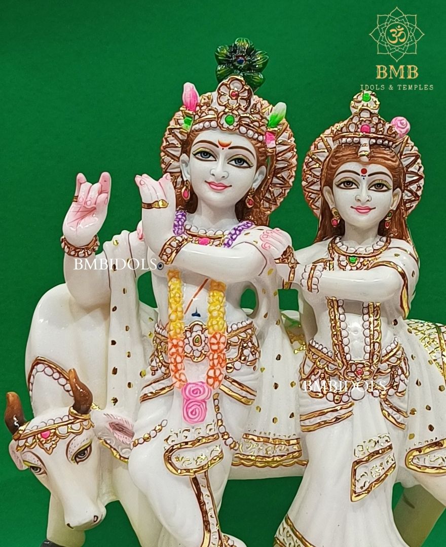 Marble Radha Krishna Murti made in White Makrana Marble with cow in 18inches