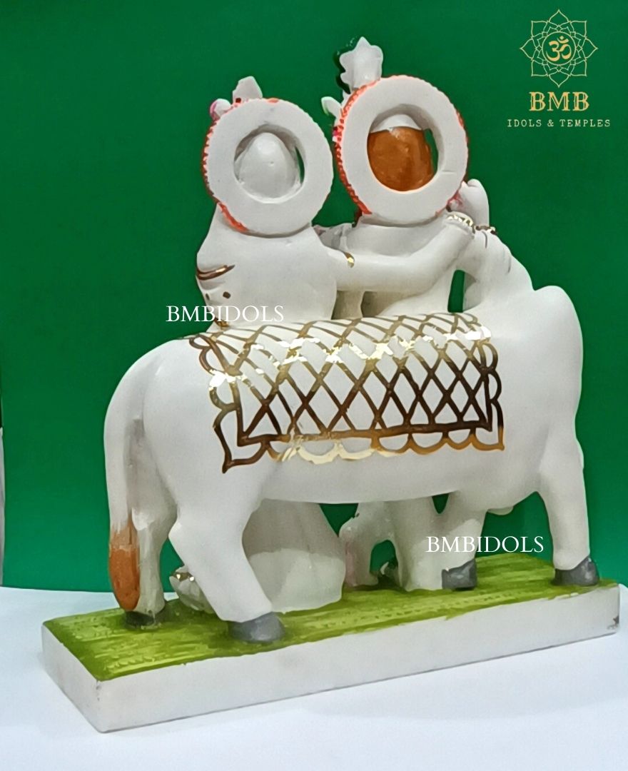 Marble Radha Krishna Murti made in White Makrana Marble with cow in 18inches