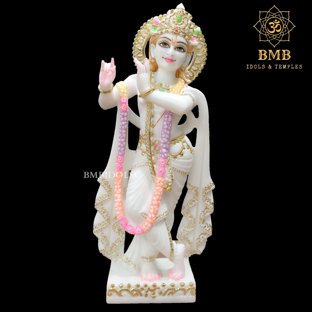 White Marble Radha Krishna Statue with Goldwork Done in Standing Posture 15"