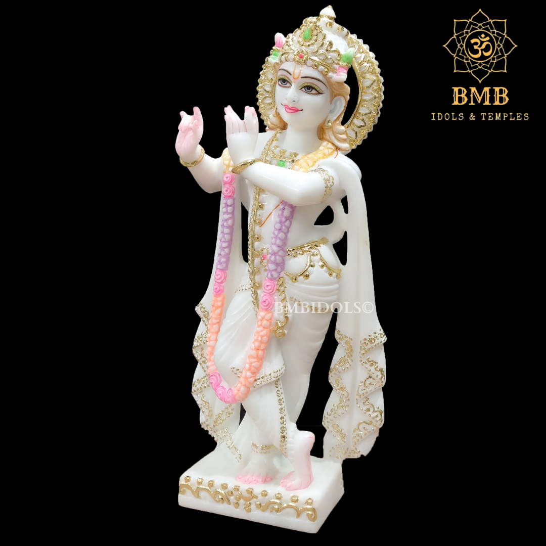 White Marble Radha Krishna Statue with Goldwork Done in Standing Posture 15"