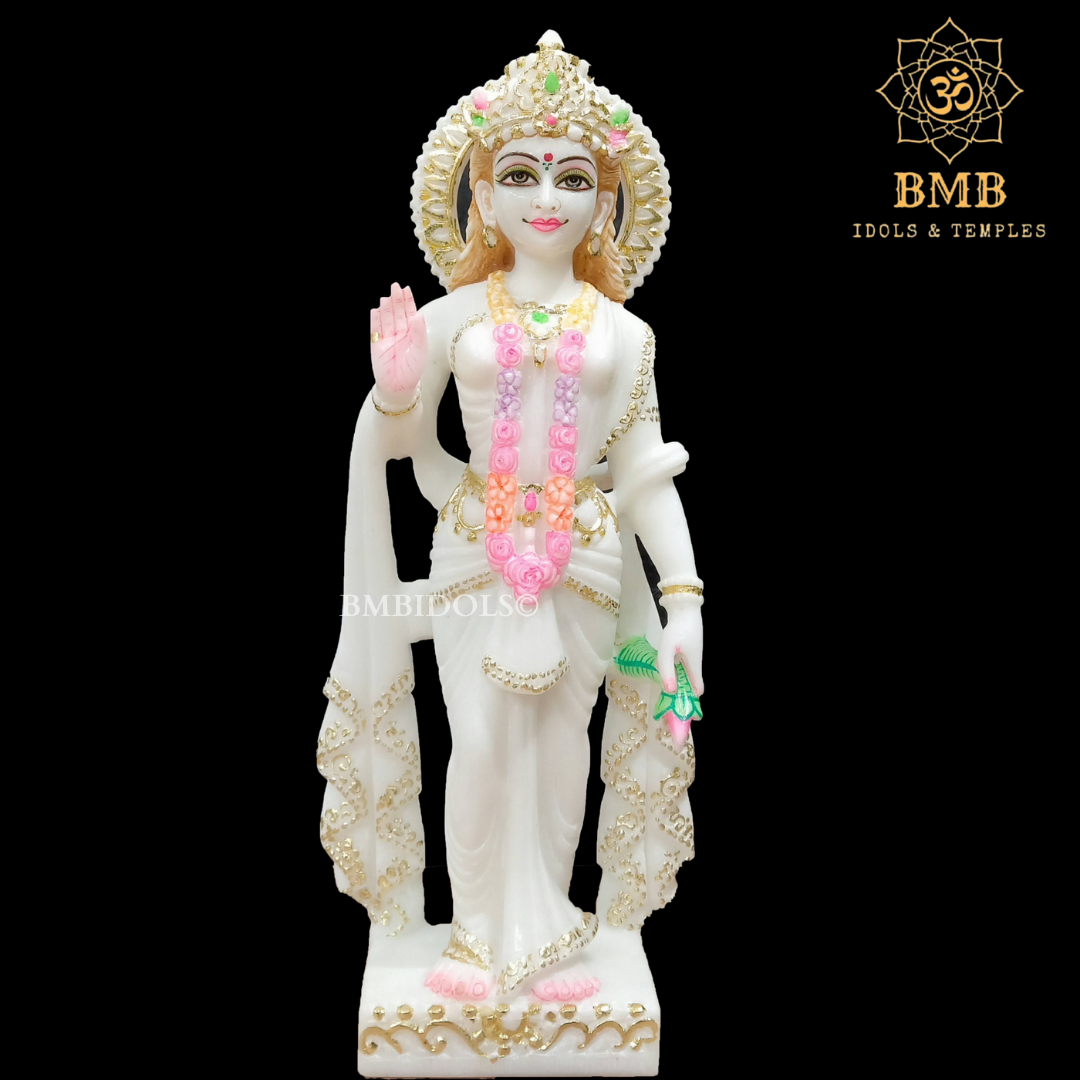 White Marble Radha Krishna Statue with Goldwork Done in Standing Posture 15"
