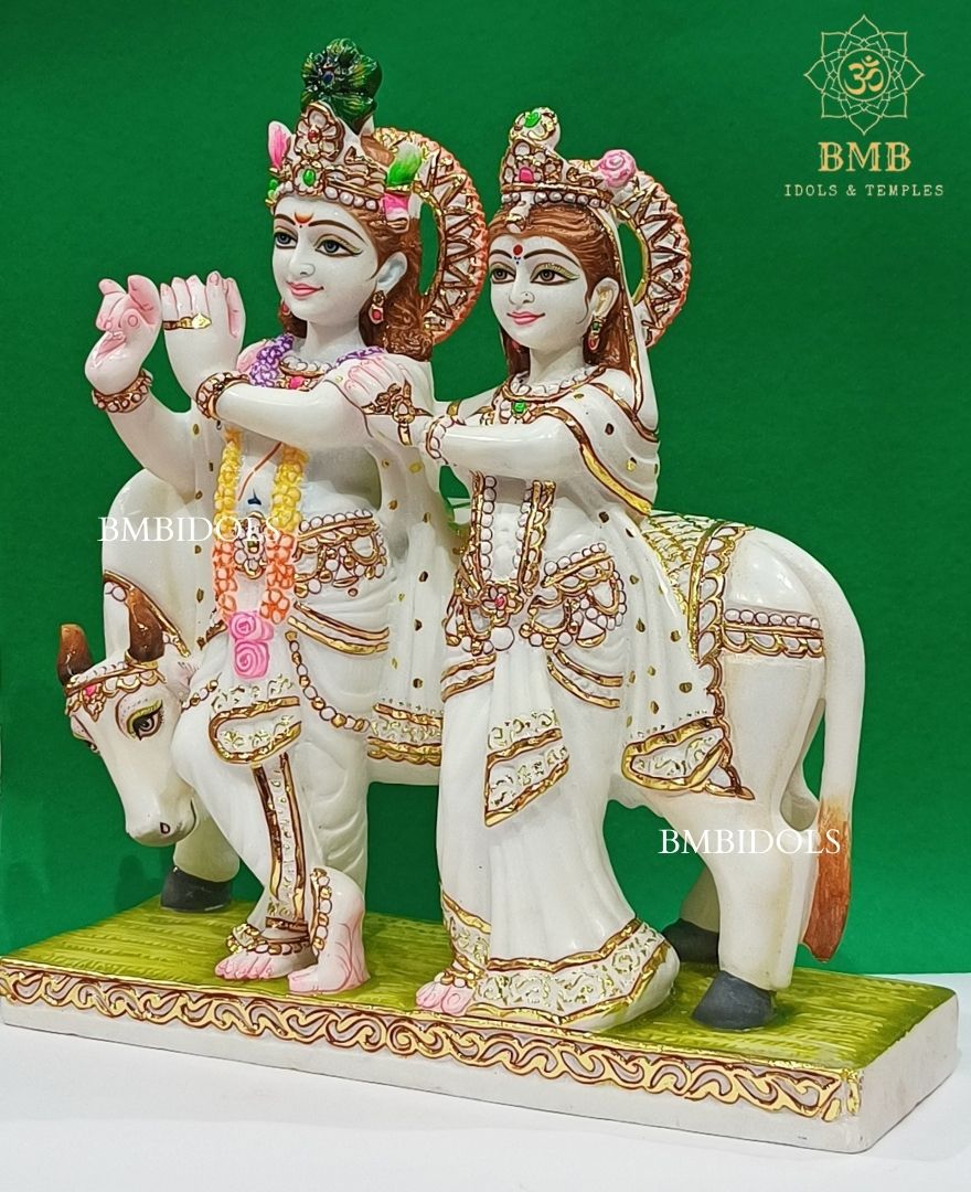 Marble Radha Krishna Murti made in White Makrana Marble with cow in 18inches