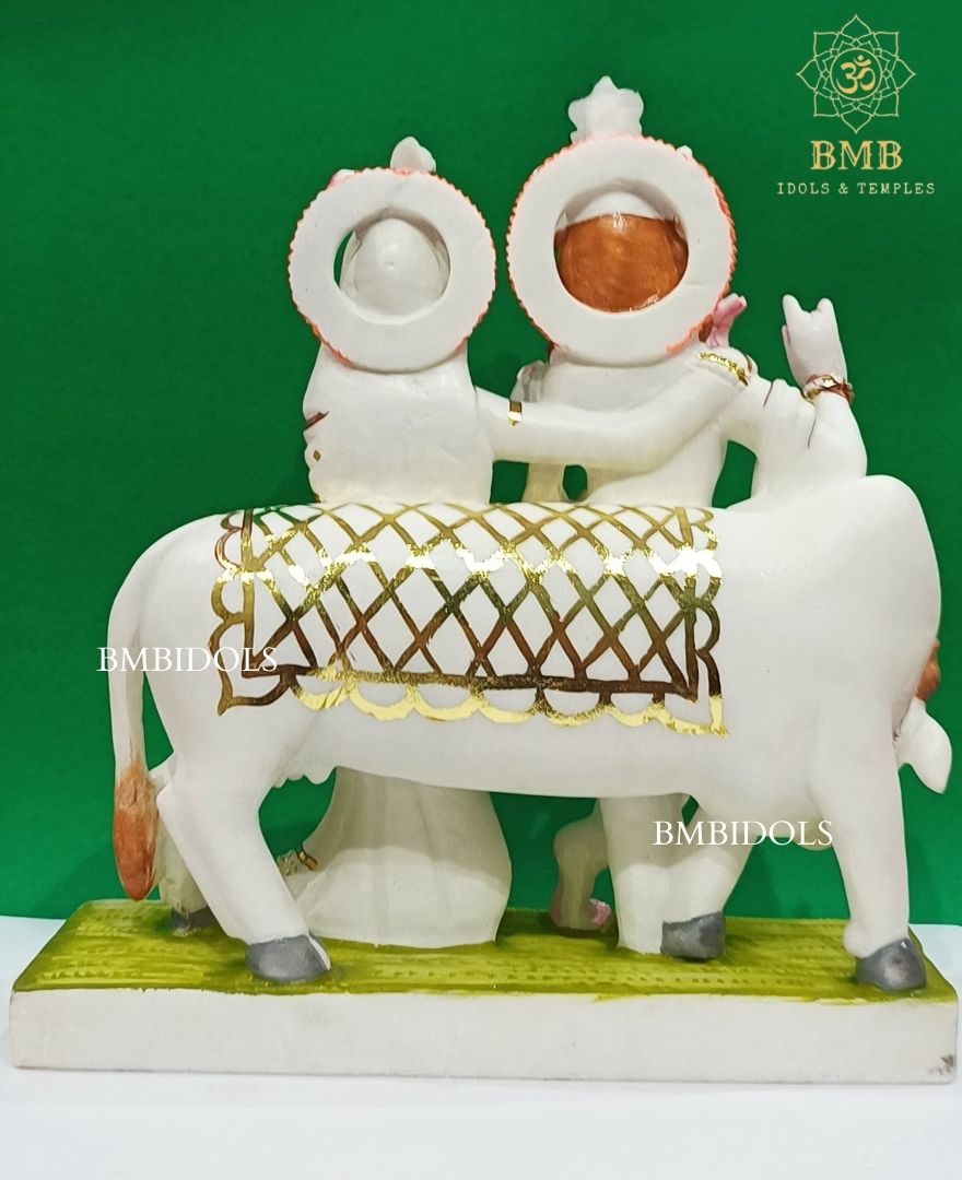 Marble Radha Krishna Murti made in White Makrana Marble with cow in 18inches