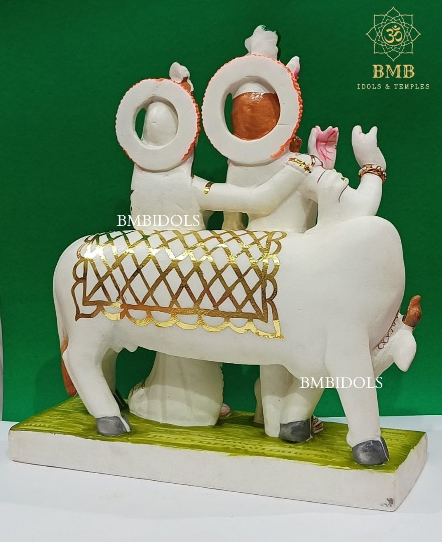 Marble Radha Krishna Murti made in White Makrana Marble with cow in 18inches