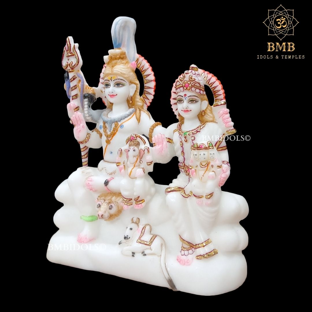 Makrana Marble Shiv Parivar Murti with Ganesh and Kartikeya in 9inch