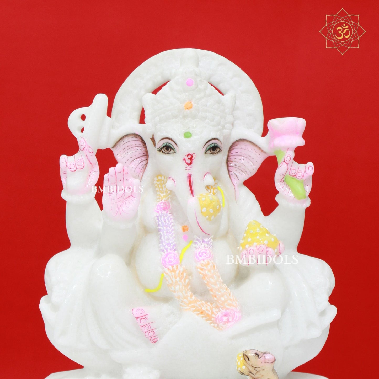 White Marble Ganesh Statue sitting on Lotus in 9inches