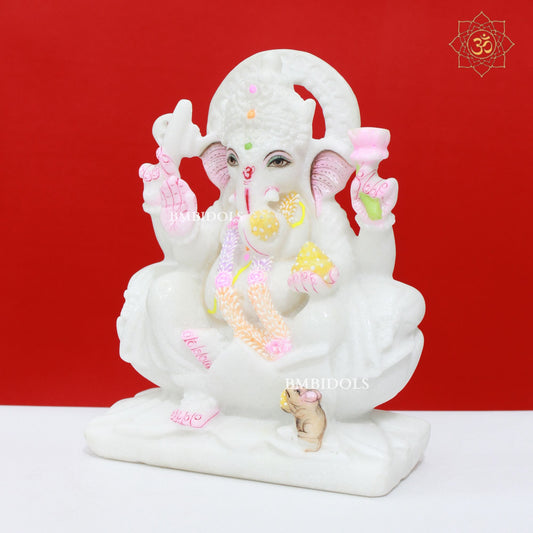 White Marble Ganesh Statue sitting on Lotus in 9inches