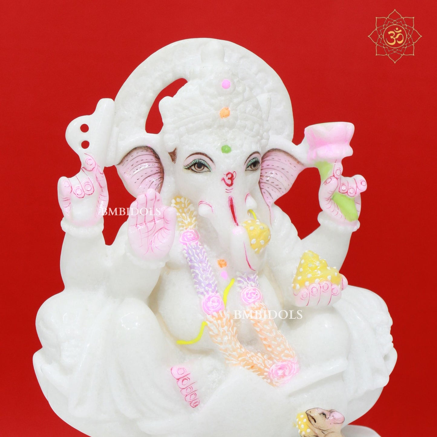 White Marble Ganesh Statue sitting on Lotus in 9inches