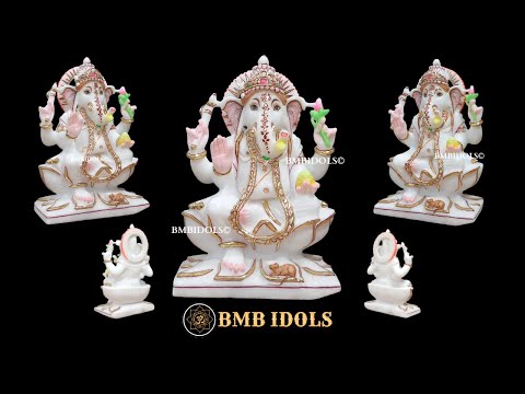 Marble Ganesh Statue sitting on Lotus Flower made in Vietnam Marble in 12inch