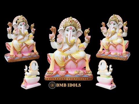 Marble Ganesh Statue for Home Temples in 9inches sitting on Lotus